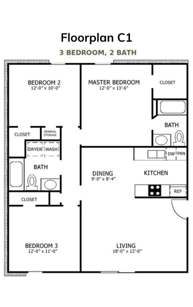 Floor plan for 3 beds, 2 baths, 1041 sqft